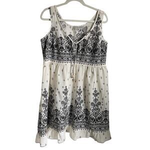 J. Valdi Swim Coverup Dress Tunic Sz XL Paisley Cream Black Tie Neck Beads Boho